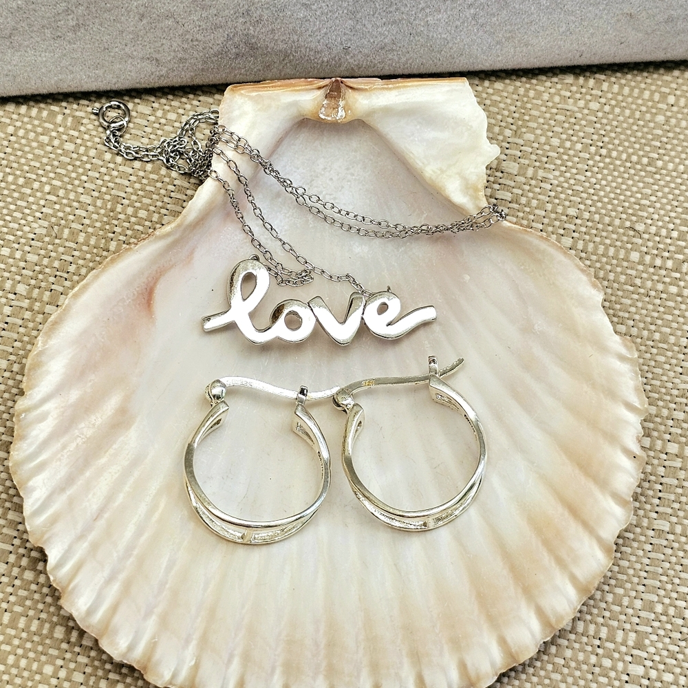 SET! 925 Silver Cursive Love Pendant with 925 Silver Hoop Earrings SET!